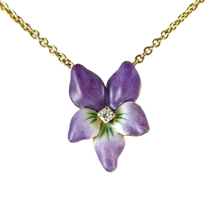 Antique enamel and diamond violet flowerhead pendant c.1920, on a later 9ct gold chain necklace,